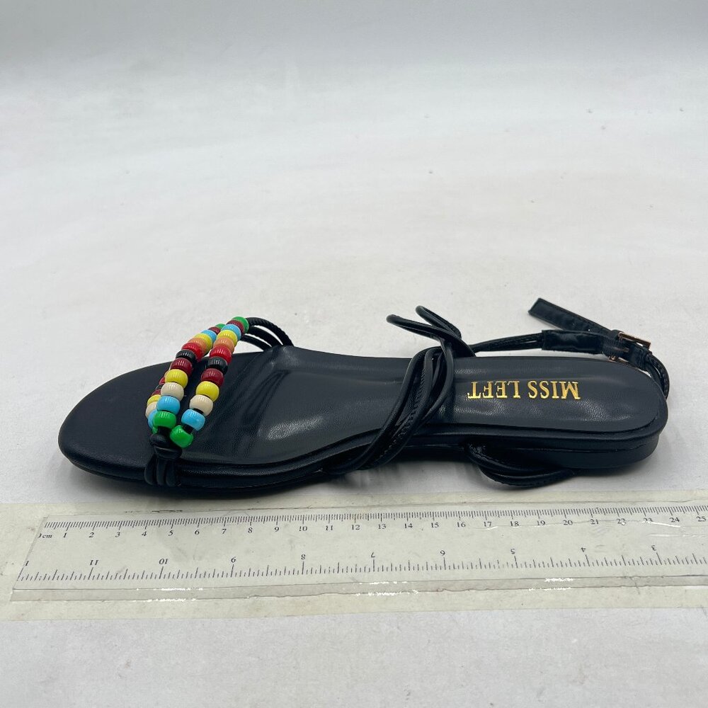 miss left Black Beaded Flat Sandals for Women Ankle Strap Open Toe Slide Sandals - Picture 2 of 8